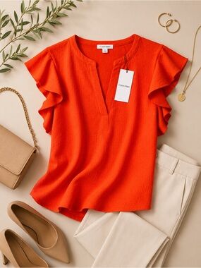 NWT Calvin Klein Orange Ruffle Sleeve Blouse Quiet Luxury